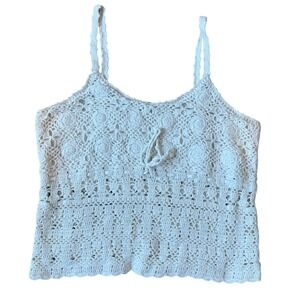 Cream‎ Crochet Boho Tank Top Lace Rose Floral Tie Waist Spaghetti Strap Size L